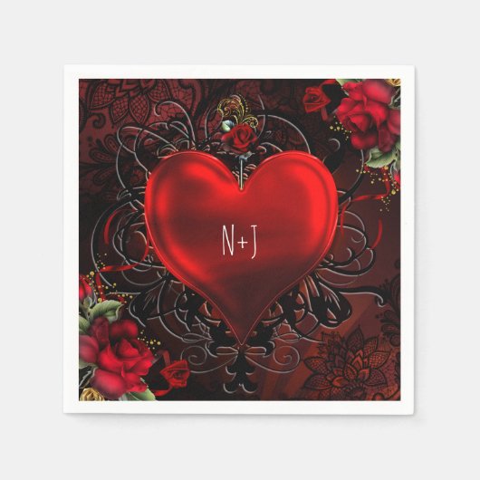 装飾エレガントフローラハートブラック&レッドパーティー スタンダードカクテルナプキン (正面)