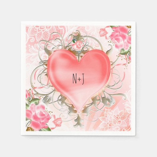 装飾エレガントフローラハート桃パーティー スタンダードカクテルナプキン (正面)