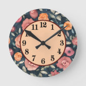 装飾オレンジとピンクのフローラ ラウンド壁時計 (正面)
