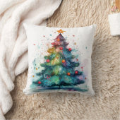 装飾クリスマスウォーターカラーツリーブラック クッション (ブランケット)