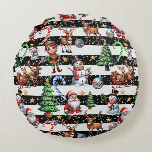 装飾クリスマスパタストライプーンデザイン ラウンドクッション (正面)