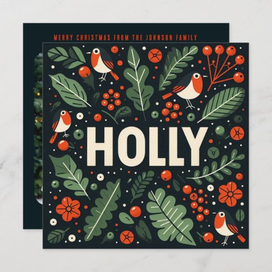 装飾クリスマスホリーベリーとロビン シーズンカード (正面/裏面)