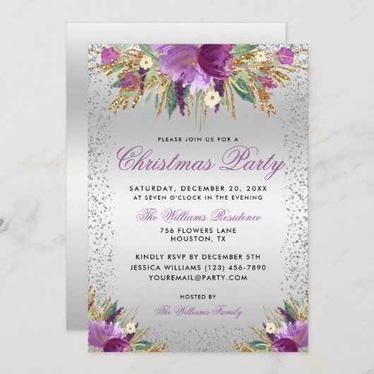 装飾グリッター花シルバークリスマスパーティー 招待状 (正面/裏面)