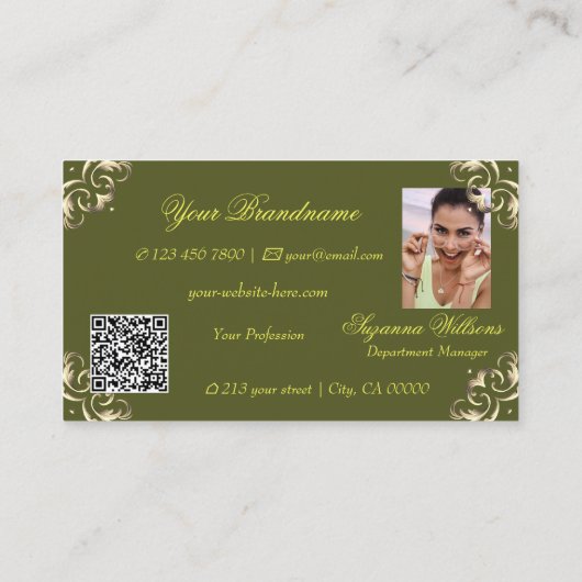 装飾グリーンイエローモノグラム写真QRコード 名刺 (裏面)