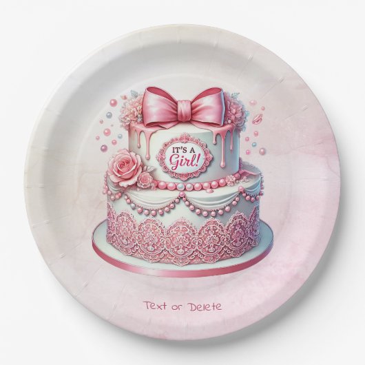 装飾ケーキピンクボウ紙プレート ペーパープレート (正面)