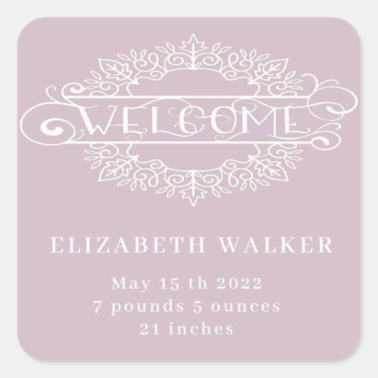 装飾スクリプト歓迎ベビーガール赤面 スクエアシール (正面)