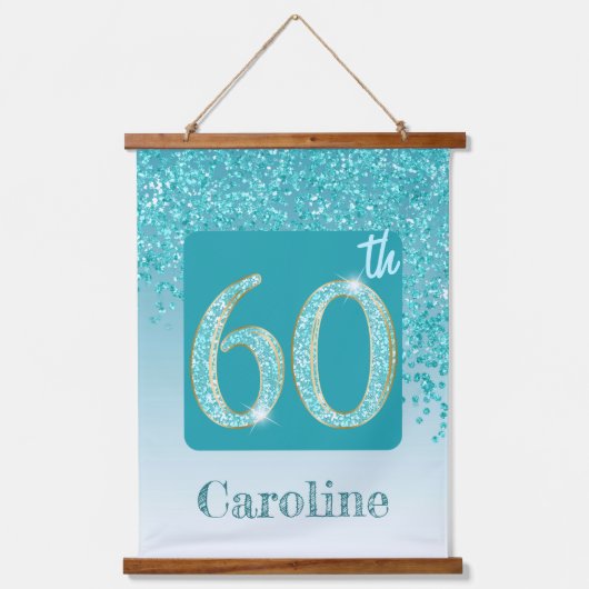 装飾ティール(緑がかった色)グリッター2 Photos 60誕生日 吊り下げ型タペストリー (正面2)