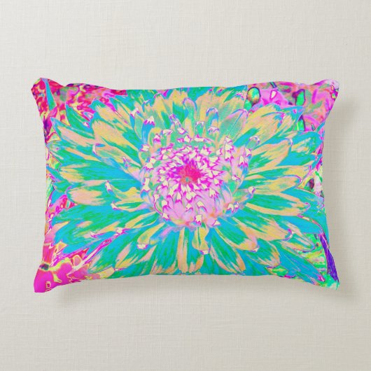 装飾ティール(緑がかった色)グリーンとホットピンクダリア花 アクセントクッション (正面)