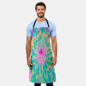 装飾ティール（緑がかった色）グリーンとホットピンクダリア花 エプロン (着用した状態)