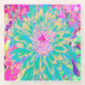 装飾ティール(緑がかった色)グリーンとホットピンクダリア花 ガラスコースター (正面)
