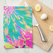 装飾ティール（緑がかった色）グリーンとホットピンクダリア花 キッチンタオル (四つ折り)