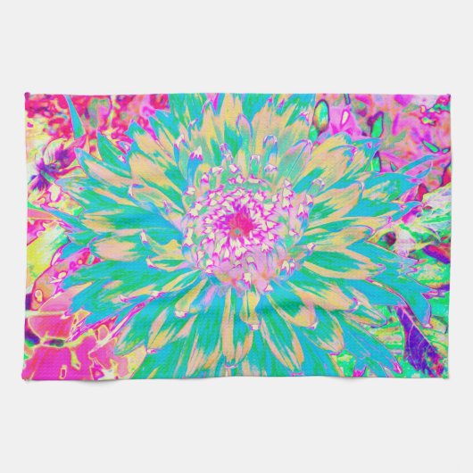 装飾ティール（緑がかった色）グリーンとホットピンクダリア花 キッチンタオル (横)