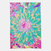 装飾ティール（緑がかった色）グリーンとホットピンクダリア花 キッチンタオル (縦)