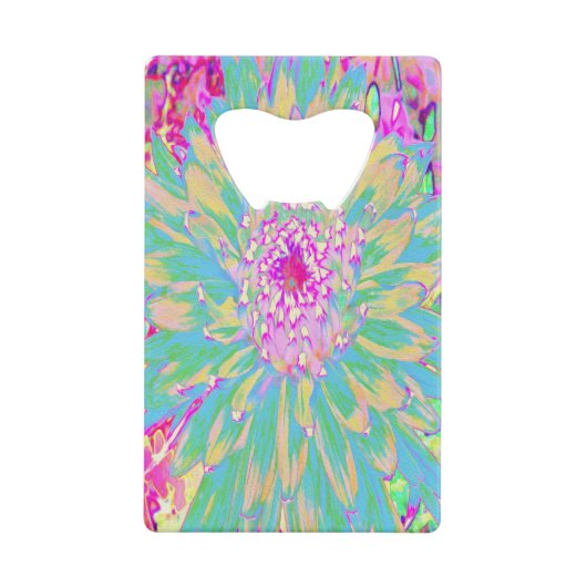 装飾ティール（緑がかった色）グリーンとホットピンクダリア花 クレジットカード栓抜き (正面)