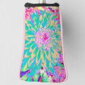 装飾ティール（緑がかった色）グリーンとホットピンクダリア花 ゴルフヘッドカバー (回転90)