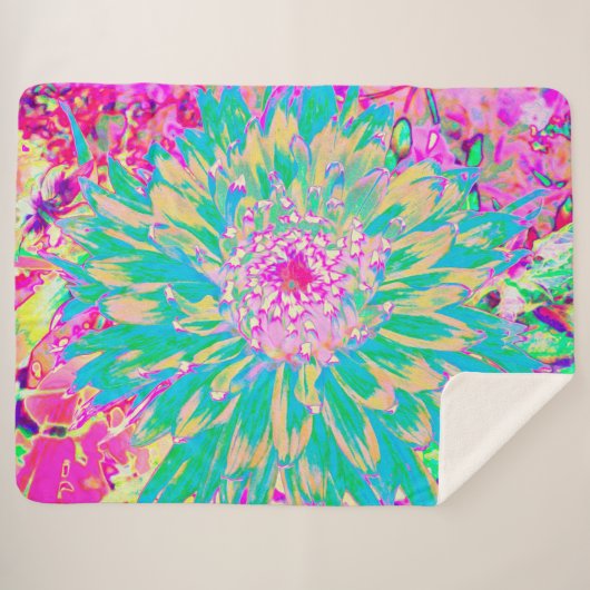 装飾ティール（緑がかった色）グリーンとホットピンクダリア花 シェルパブランケット (正面(横))
