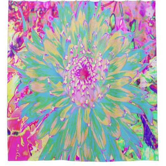 装飾ティール（緑がかった色）グリーンとホットピンクダリア花 シャワーカーテン (正面)