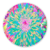 装飾ティール(緑がかった色)グリーンとホットピンクダリア花 セラミックノブ (正面)