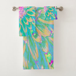 装飾ティール（緑がかった色）グリーンとホットピンクダリア花 バスタオルセット