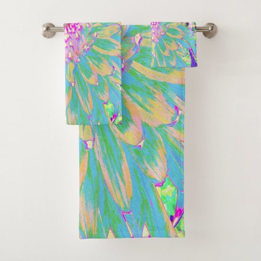 装飾ティール（緑がかった色）グリーンとホットピンクダリア花 バスタオルセット (インサイチュ)