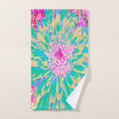 装飾ティール（緑がかった色）グリーンとホットピンクダリア花 バスタオルセット (ハンドタオル)