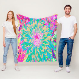 装飾ティール（緑がかった色）グリーンとホットピンクダリア花 フリースブランケット