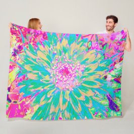 装飾ティール（緑がかった色）グリーンとホットピンクダリア花 フリースブランケット