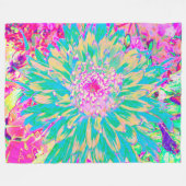 装飾ティール(緑がかった色)グリーンとホットピンクダリア花 フリースブランケット (正面(横))