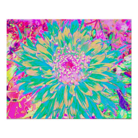 装飾ティール(緑がかった色)グリーンとホットピンクダリア花 ポスター (正面)