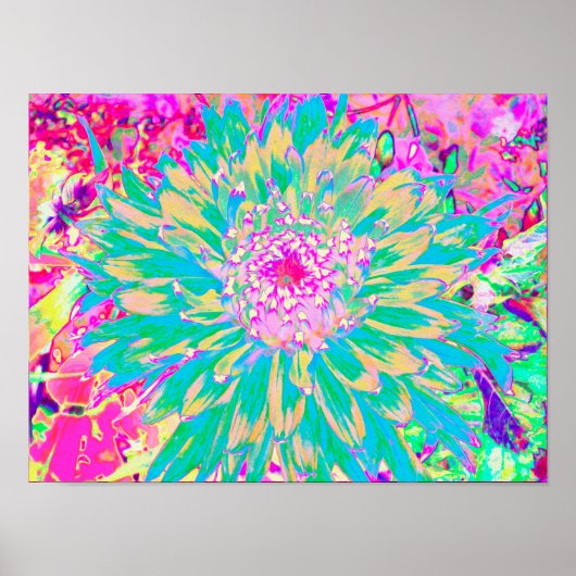 装飾ティール（緑がかった色）グリーンとホットピンクダリア花 ポスター (正面)
