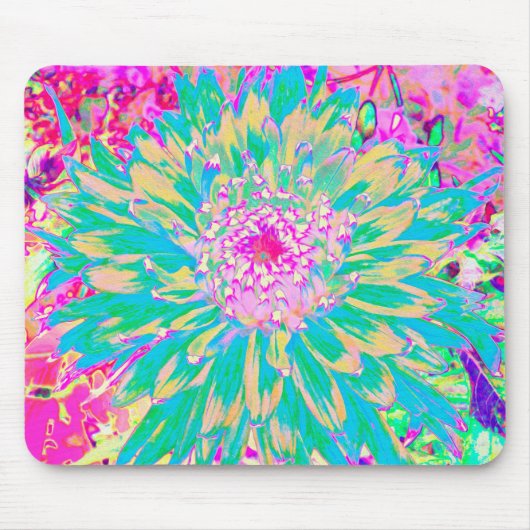 装飾ティール（緑がかった色）グリーンとホットピンクダリア花 マウスパッド (正面)