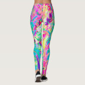 装飾ティール（緑がかった色）グリーンとホットピンクダリア花 レギンス (裏面)