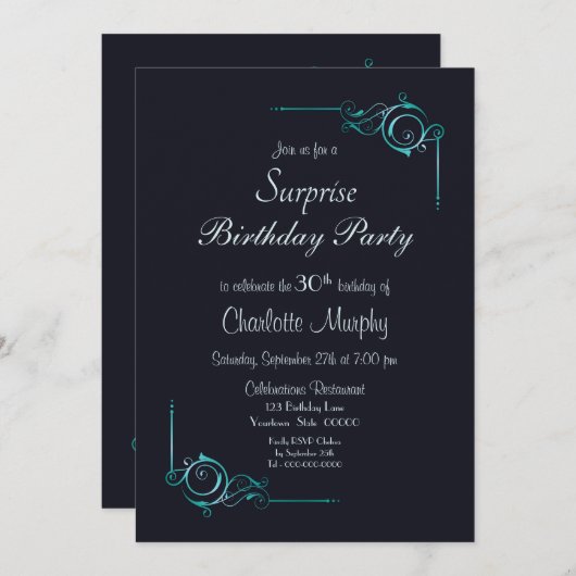 装飾ティール(緑がかった色)サプライズ30th誕生日パーティー 招待状 (正面/裏面)