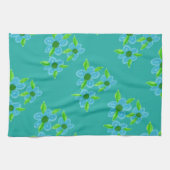 装飾ティール（緑がかった色）花 キッチンタオル (横)
