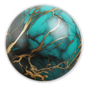 装飾ティール(緑がかった色)金ゴールドマーブルオルブ セラミックノブ (正面)