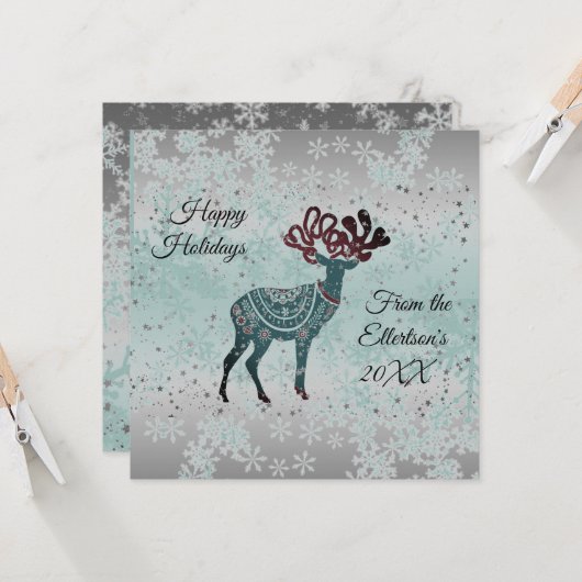 装飾トナカイ雪の結晶クリスマスグリッター カード (正面/裏面インサイチュ)