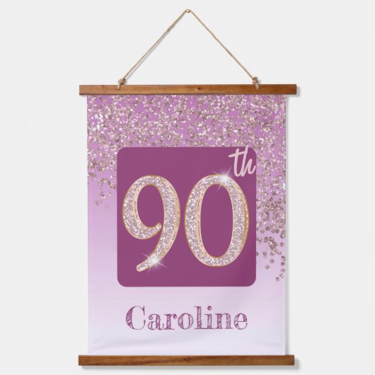 装飾バラ金ゴールドグリッター、写真90誕生日 吊り下げ型タペストリー (正面2)