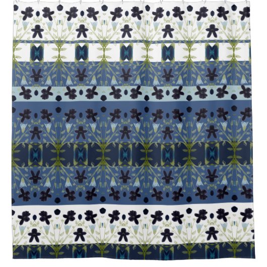 装飾パターン（の模様が）ある青と白 シャワーカーテン (正面)