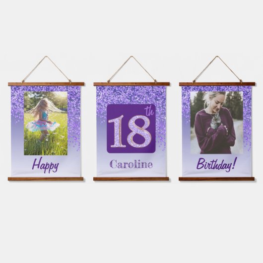 装飾パープルグリッター2 Photos 18誕生日 吊り下げ型タペストリー (トリプル)