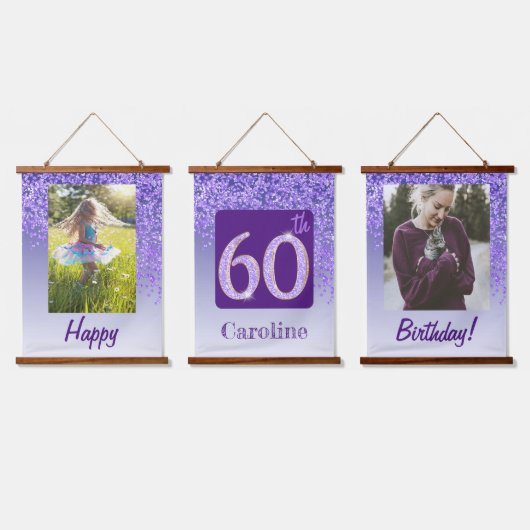 装飾パープルグリッター2 Photos 60誕生日 吊り下げ型タペストリー (トリプル)