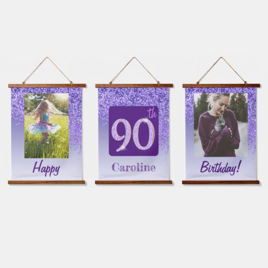 装飾パープルグリッター2 Photos 90誕生日 吊り下げ型タペストリー (トリプル)
