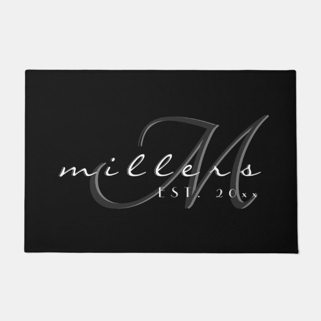 装飾ファミリー名&モノグラム |黒と白 ドアマット (正面)