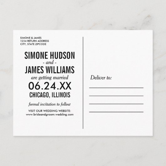 装飾フォトオーバーレイ結婚式の日付の保存 案内ポストカード (裏面)