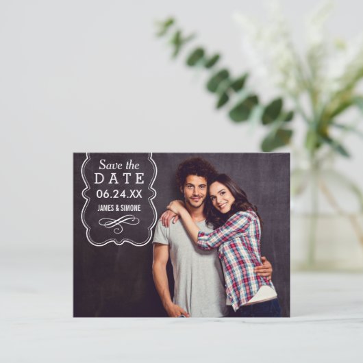 装飾フォトオーバーレイ結婚式の日付の保存 案内ポストカード (スタンド正面)