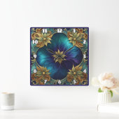 装飾フローラデザインとターコイズ背景 スクエア壁時計 (ホーム)