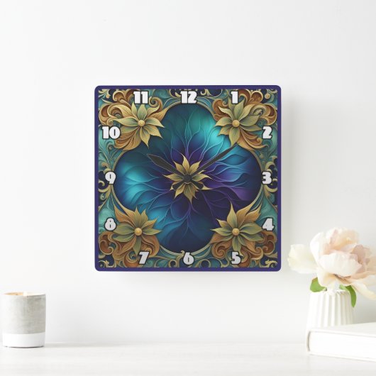 装飾フローラデザインとターコイズ背景 スクエア壁時計 (ホーム)