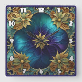 装飾フローラデザインとターコイズ背景 スクエア壁時計 (正面)