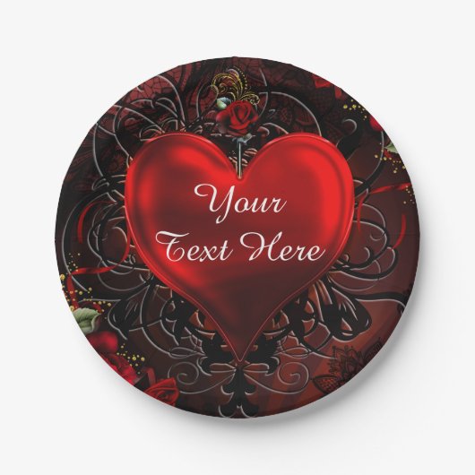 装飾フローラハートブラック&レッドパーティー ペーパープレート (正面)