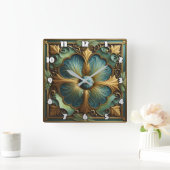 装飾フローラパネルターコイズ及び金ゴールド スクエア壁時計 (ホーム)