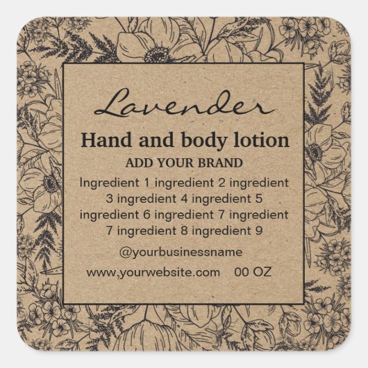 装飾フローラフレームクラフト紙ラベル スクエアシール (正面)